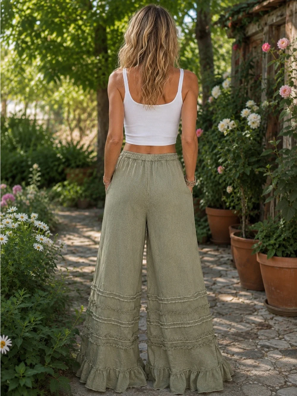 easel L Olive Green Boho Wide-Leg Ruffle Pants